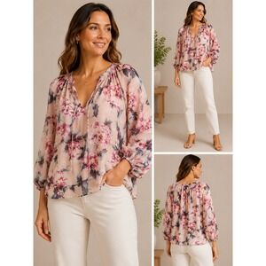 Lavender‎ Brown Pink Floral 100% Silk V-Neck Tie Shift Tunic Top Womens Large